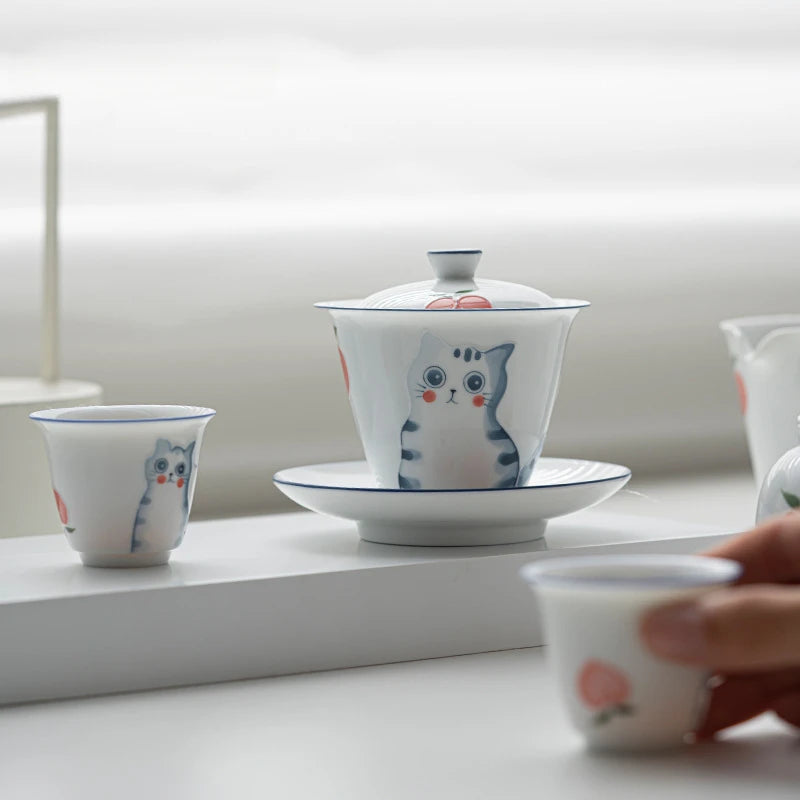150ml Hand-painted Cat Ceramic Gaiwan Luxury Tea Bowl with Saucer Lid Kit Tea Tureen Tea Maker Cover Bowl Cafes Supplies Craft