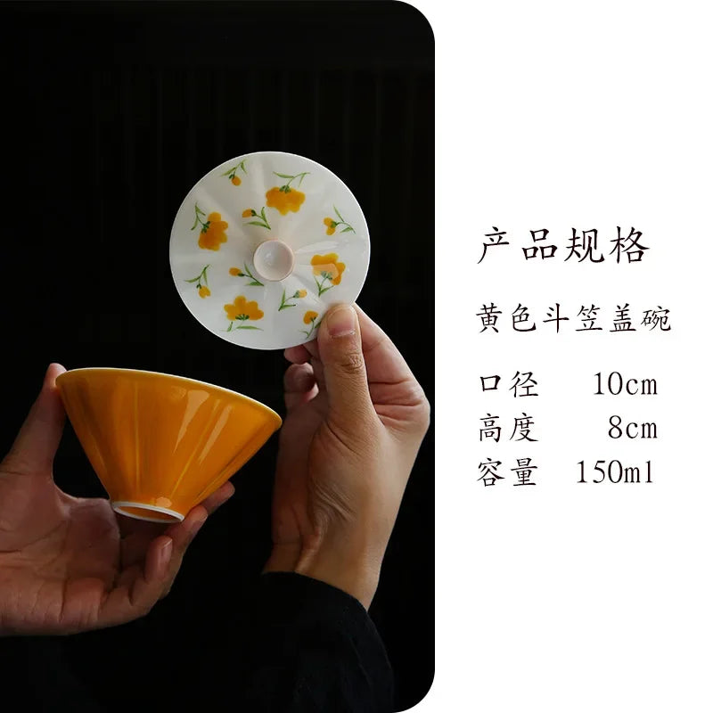 150ml Hand-painted Small Yellow Flower Ceramic Covered Bowls Chinese Antique Colored Glazed Tea Bowl Kung Fu Tea Brewing Gaiwan