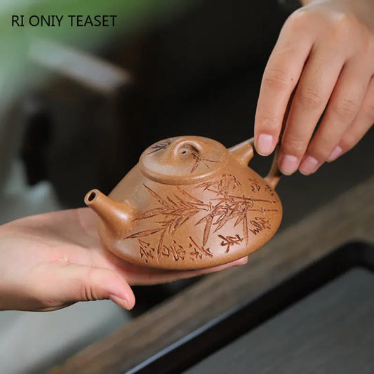 150ml Yixing Purple Clay Stone Scoop Teapots Famous Handmade Bamboo Leaf Pattern Tea Pot Kettle Chinese High-end Zisha Tea Set