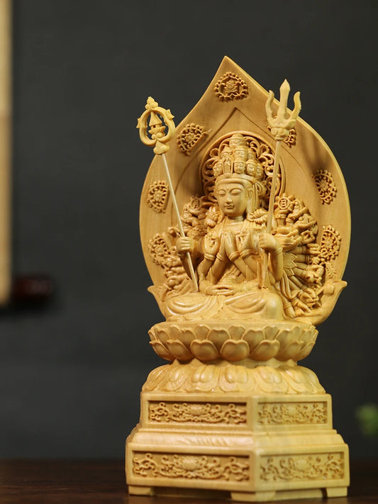 15cm Wood Thousand Hands Guan Yin Boxwood Sculpture Buddha Statue Feng Shui Sitting Lotus Thousand Hands Guanyin Home Decor