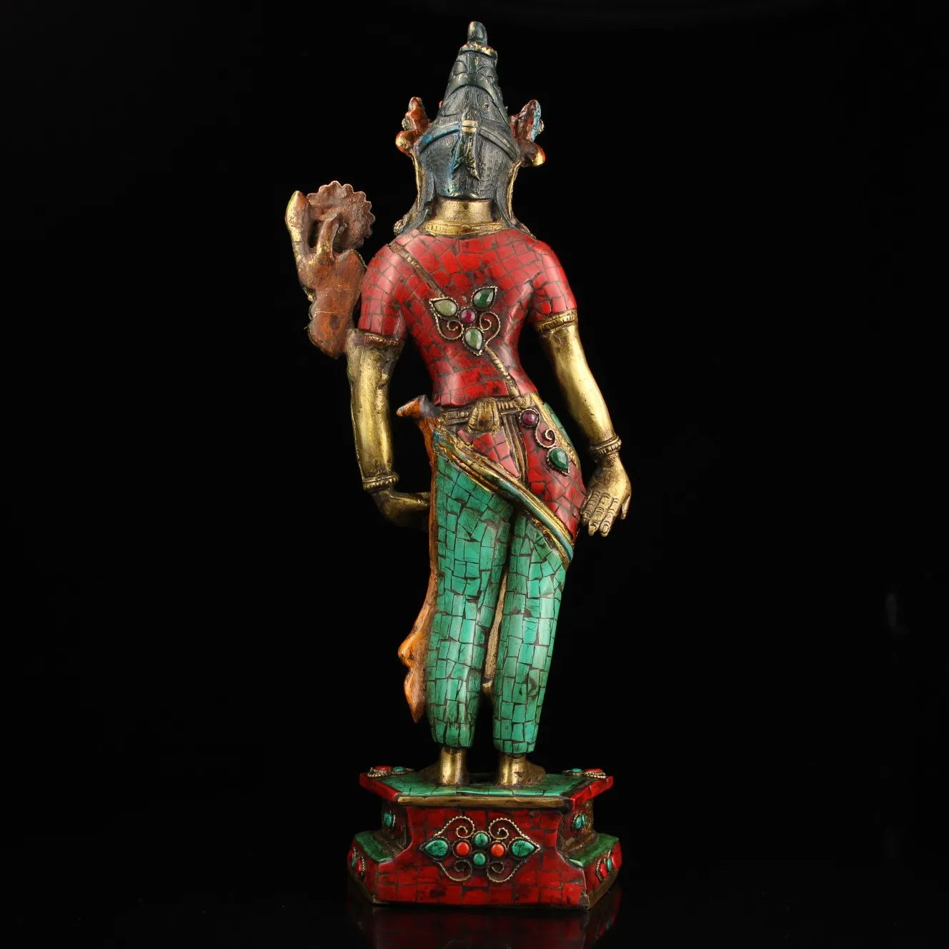 16"Tibet Temple Collection Old Bronze Mosaic Gem Outline in gold Turquoise Green Tara Standing Buddha Worship Hall Town House