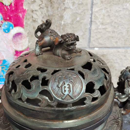 16"Tibetan Temple Collection Old Brass Cinnabar Lion Statue Ear Three legged incense burner hollow out incensory Town house