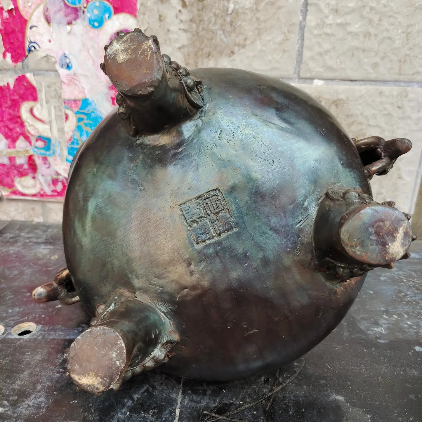16"Tibetan Temple Collection Old Brass Cinnabar Lion Statue Ear Three legged incense burner hollow out incensory Town house