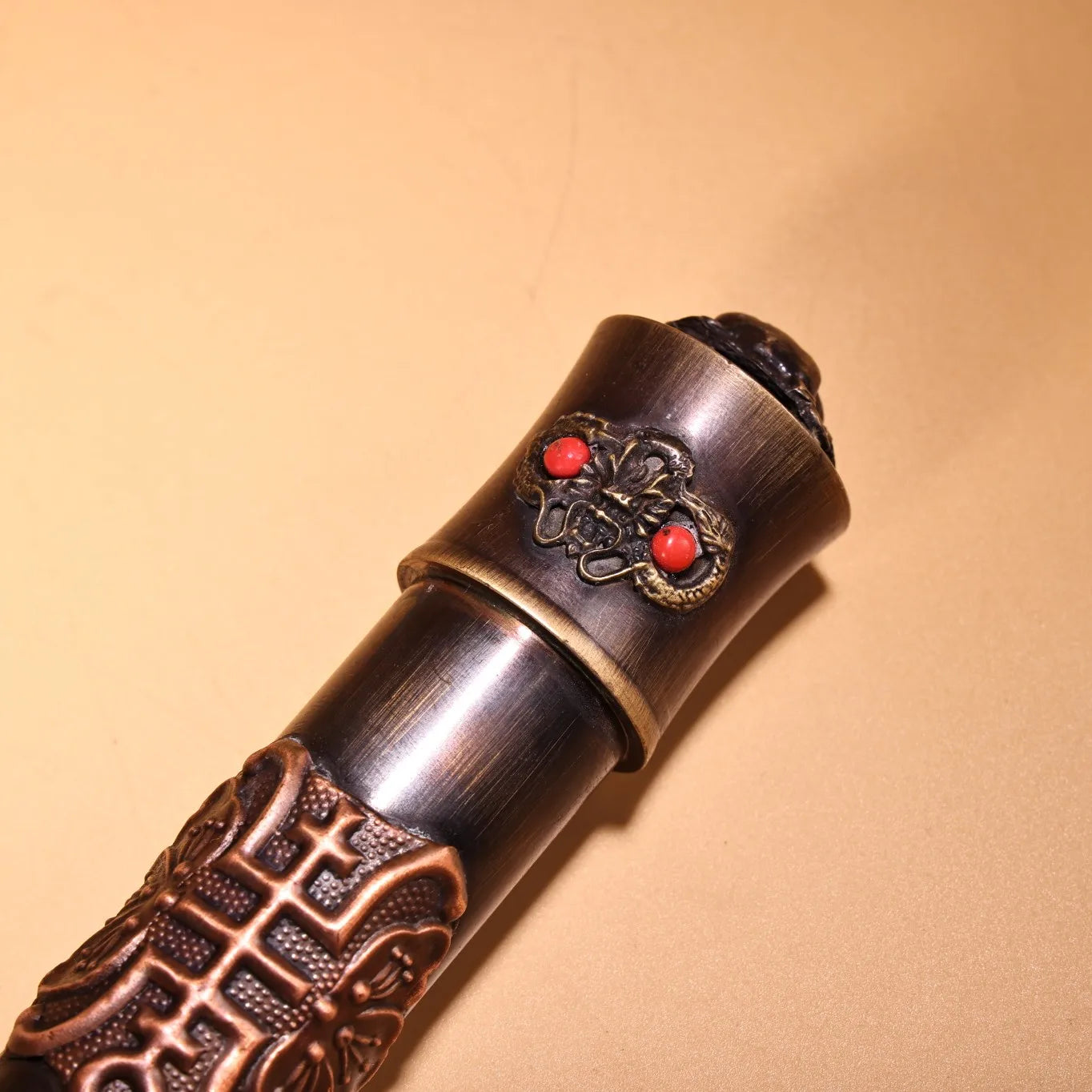 16"Tibetan Temple Collection Old Bronze Cinnabar Mosaic Gem Eye bag duct Big smoke gun long-stemmed Chinese pipe Town House