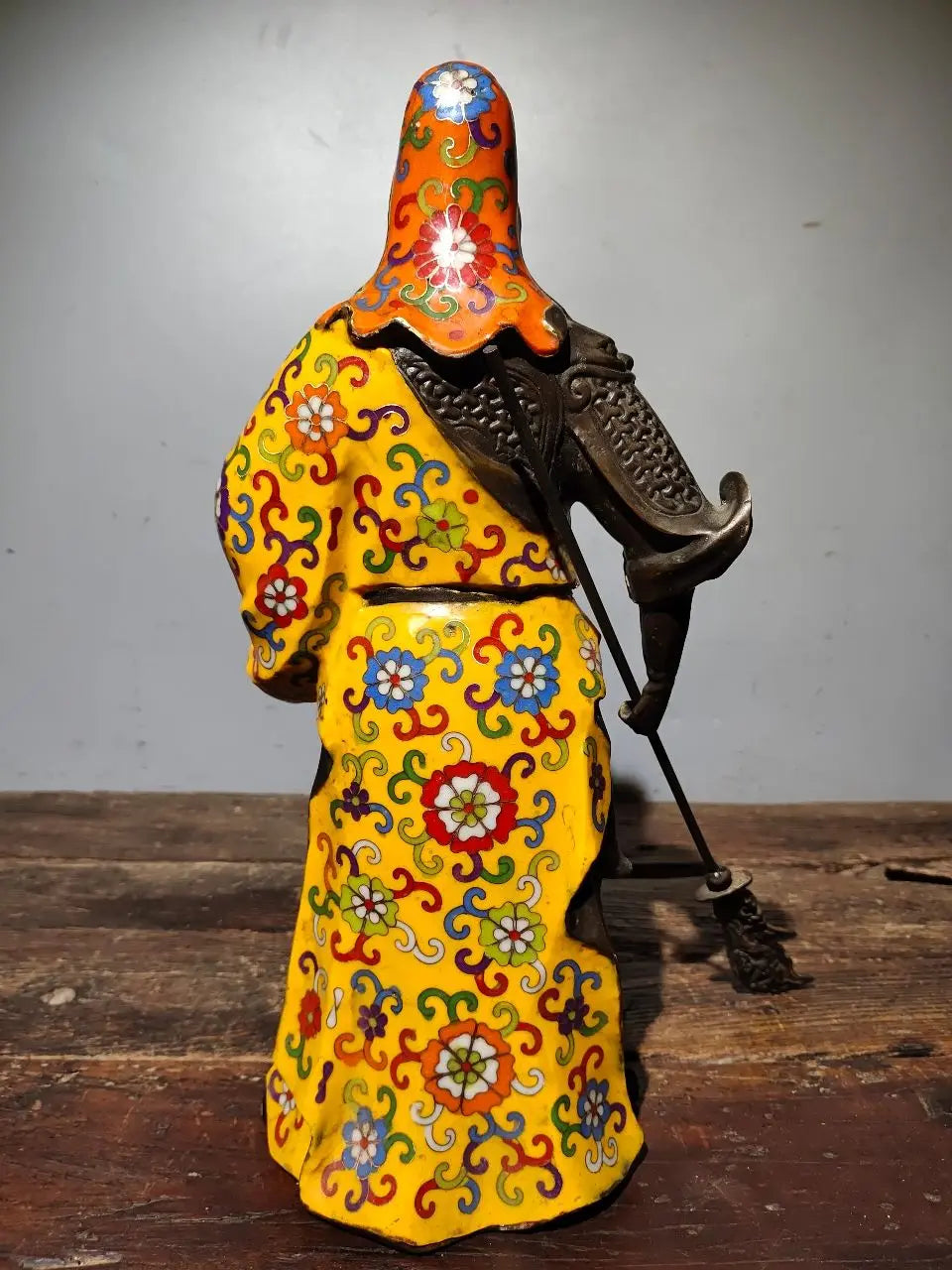16"Tibetan Temple Collection Old Bronze Cloisonne Enamel Guan Yu God of Wealth Knife Loyalty Worship Hall Town house Exorcism