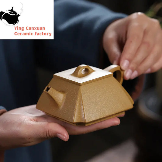 160ml Chinese Yixing Purple Clay Teapots Famous Handmade Square Tea Pot Raw Ore Gold Section Mud Kettle High-end Zisha Tea Set