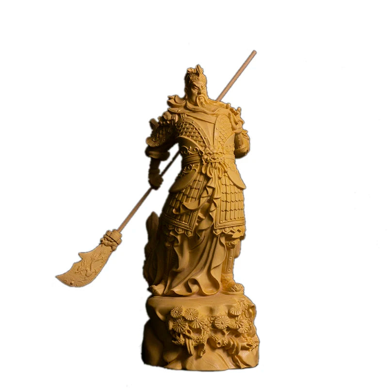 16CM Guan Yu Boxwood Sculpture Feng Shui Real Wood Guan Gong Statue Three Kingdoms Figure Home Decor