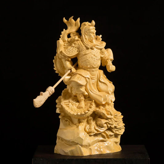 16CM Guan Yu Statue Three Kingdoms Buddha Statue Solid Wood Feng Shui Ornaments Boxwood Carving Bodhisattva Home Decorations