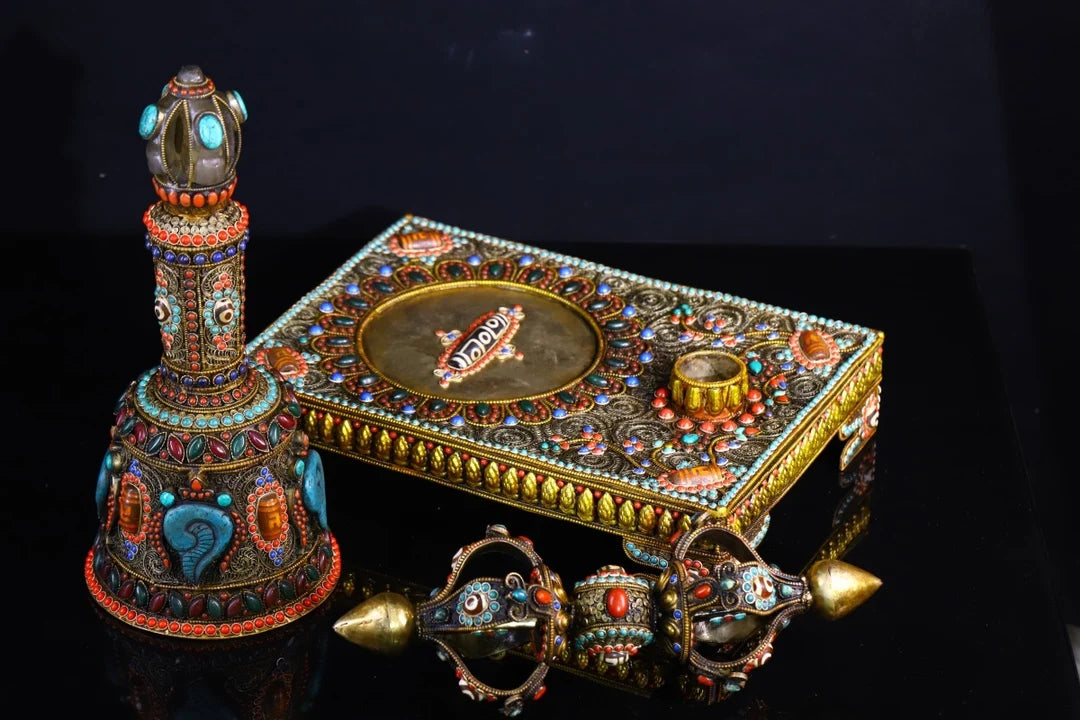 17"Tibetan Temple Collection Old Tibetan silver Gilt mosaic Natural Crystal gem rattle Vajra set ornament Town house Exorcism