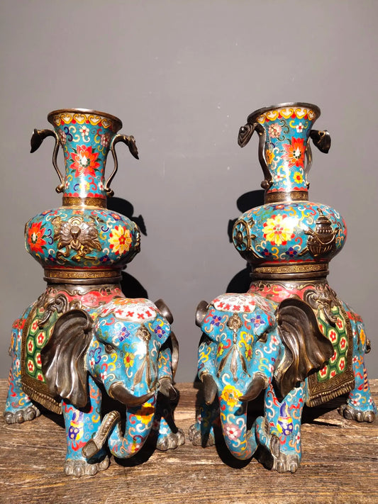 17"Tibetan Temple Collection Purple Bronze Cloisonne elephant statue Taiping Elephant vase a pair Gather fortune Town house