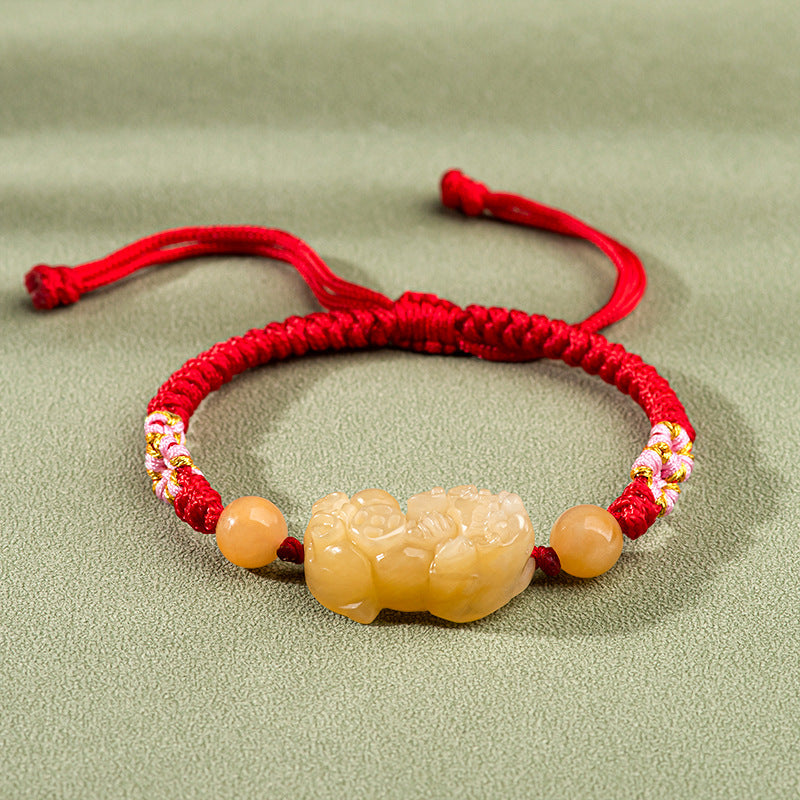 Certified Natural Yellow Jade Pixiu Hand Woven Peach Blossom Knot Bracelet