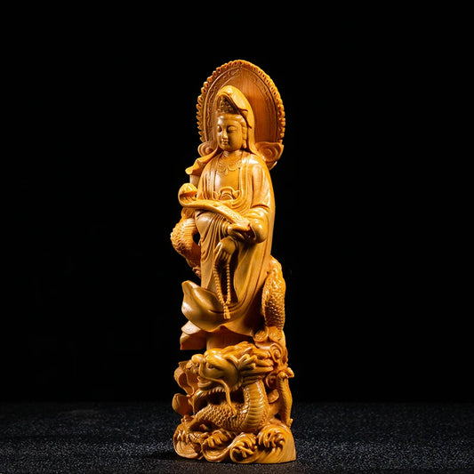 18/22CM Dragon Guanyin with Open Light Buddha Wood Carved Desk Figurines Crafts Wood Statue Feng Shui Sculpture Home Decoration