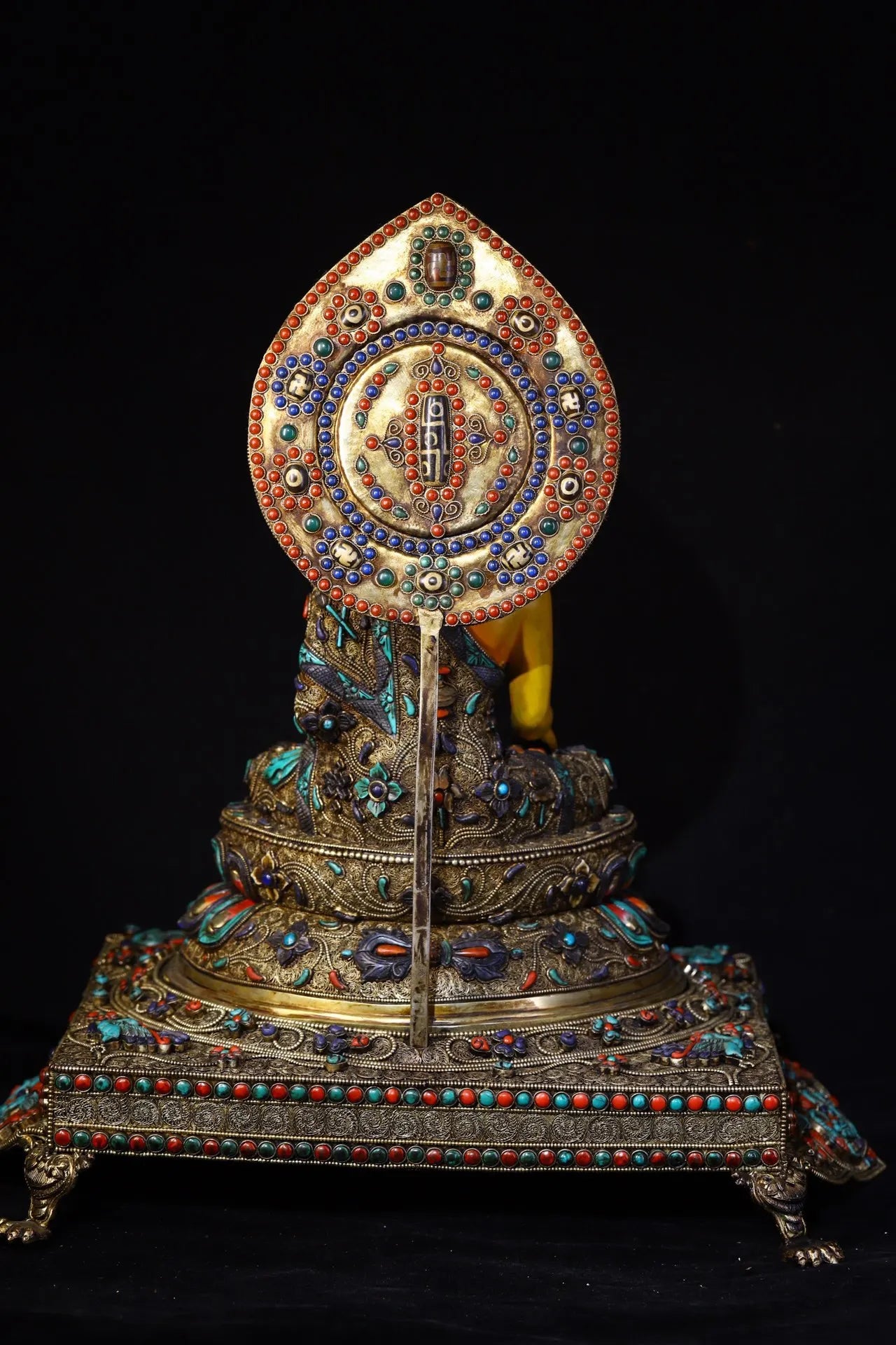 18"Tibet Temple Collection Old Tibetan silver Outline in gold Mosaic Gem Shakyamuni Buddha Backlight Buddhist Niche Worship Hall
