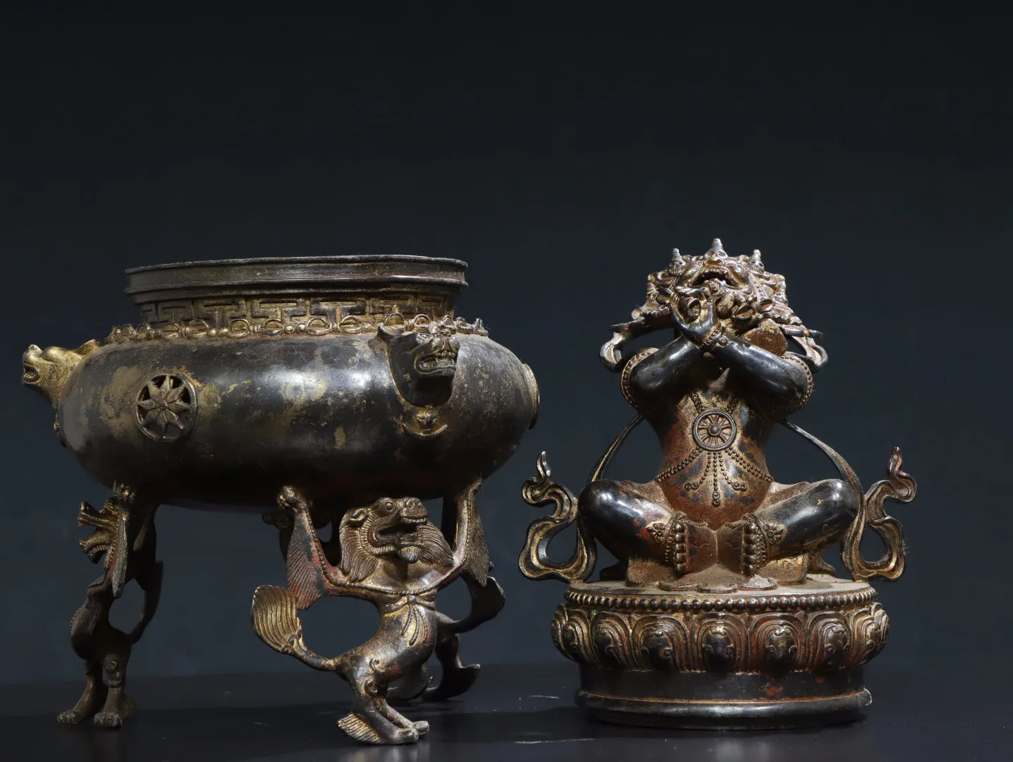 18"Tibetan Temple Collection Bronze Cinnabar Gilded Vajrapani Buddha Lion Three legged Incense Burner Worship Hall Town house