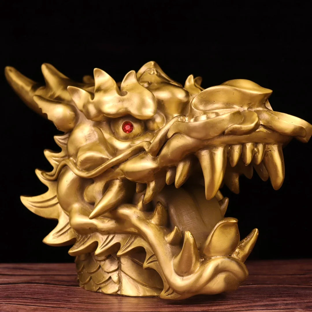 18"Tibetan Temple Collection Old Brass Dragon Head Statue Zodiac Dragon Mythical Beast Gather fortune Ornament Town house