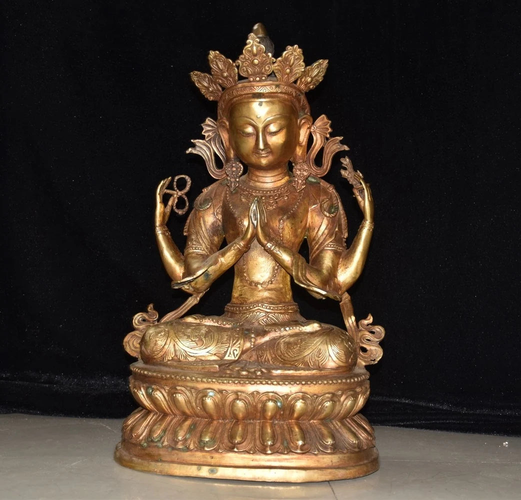 18"Tibetan Temple Collection Old Bronze Gilded Cinnabar Four arm Guanyin Double Lotus Platform Buddha Worship Hall Town house