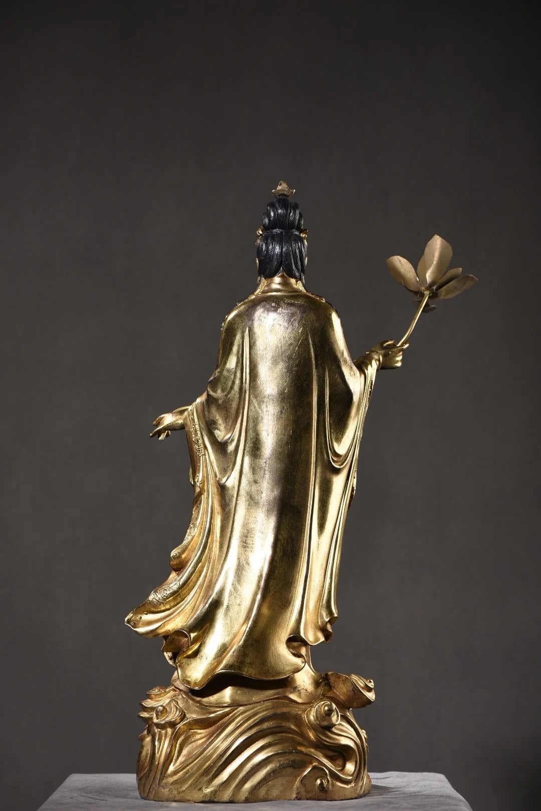 19"Tibet Temple Collection Old Bronze Cinnabar Mud gold Face Painting Lotus Guanyin Bodhisattva Buddha Worship Hall Town house