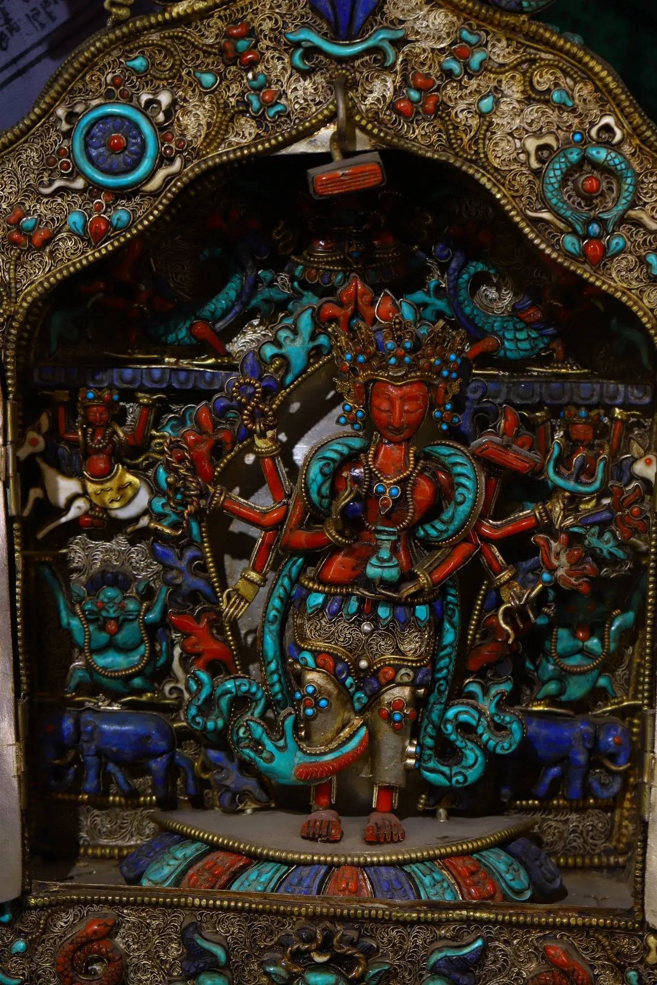 19"Tibetan Temple Collection Old Tibetan silver Gilt Mosaic Gem Dragon pattern Eight-arm Guanyin Buddhist Niche Worship Hall