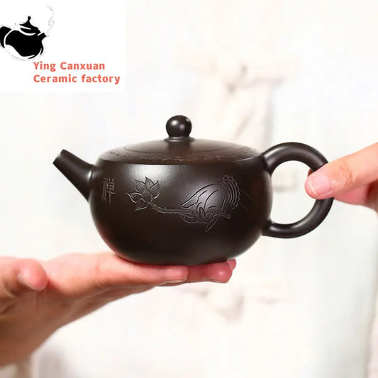 190ml Yixing Purple Clay Teapots Master Hand Carved Lotus Tea Pot Raw Ore Black Mud Beauty Kettle Chinese Handmade Zisha Tea Set