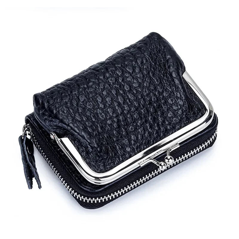 2 in 1 Change Credit Card Holder Coin Purse Women Genuine Leather Wallet for Girl with Metal Frame Clasp