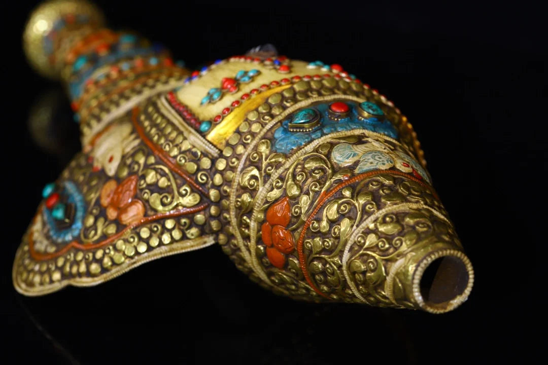 20"Tibetan Temple Collection Old Natural Conch Painted Tibetan silver Mosaic Gem gZi Beads Rabbit Buddha Conch Amulet Town house