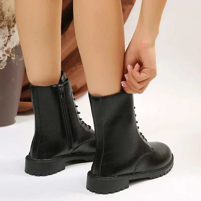 2023 Ankle Thick Plus Bottom Pu Size Motorcycle Shoes Side Boots Platform Black Women Autumn 42 Combat Boots Leather Womna Zip