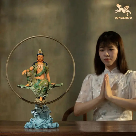 2023 HOME Family protection Spiritual decoration ZI ZAI GUAN YIN goddess buddha Color COPPER carving Sculpture statue Discount