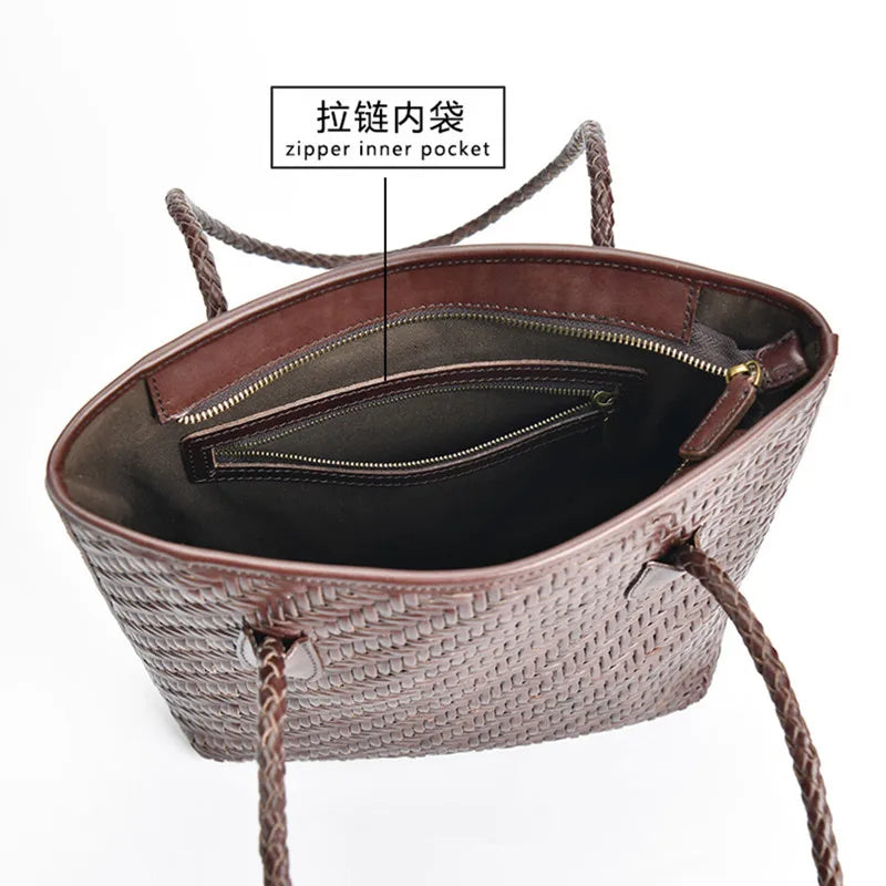 2023 New first layer cowhide woven shoulder bag Vintage leather handmade ladies Tote shopping bag large capacity