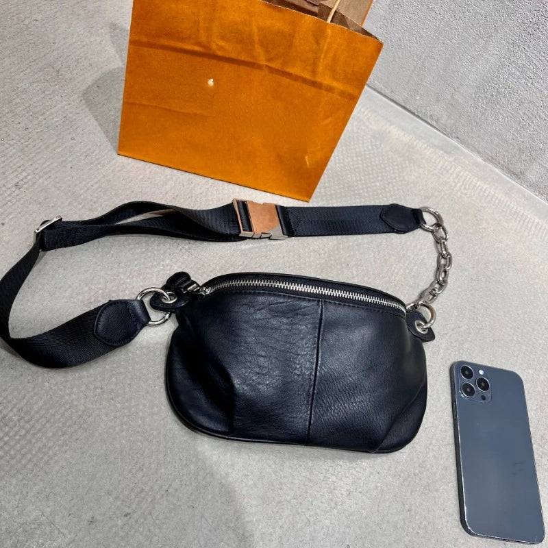 2024 Autumn New Genuine Leather Bags for Women Portable Casual Black Crossbody Shoulder Bags Y2k Grunge Women's Handbags