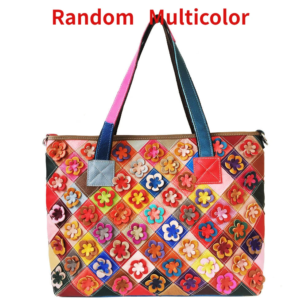 2024 Multi-color Cowhide Patchwork Handbags Argyle Floral Fashion Large Capacity Crossbody Shoulder Bag Retro Designer Tote