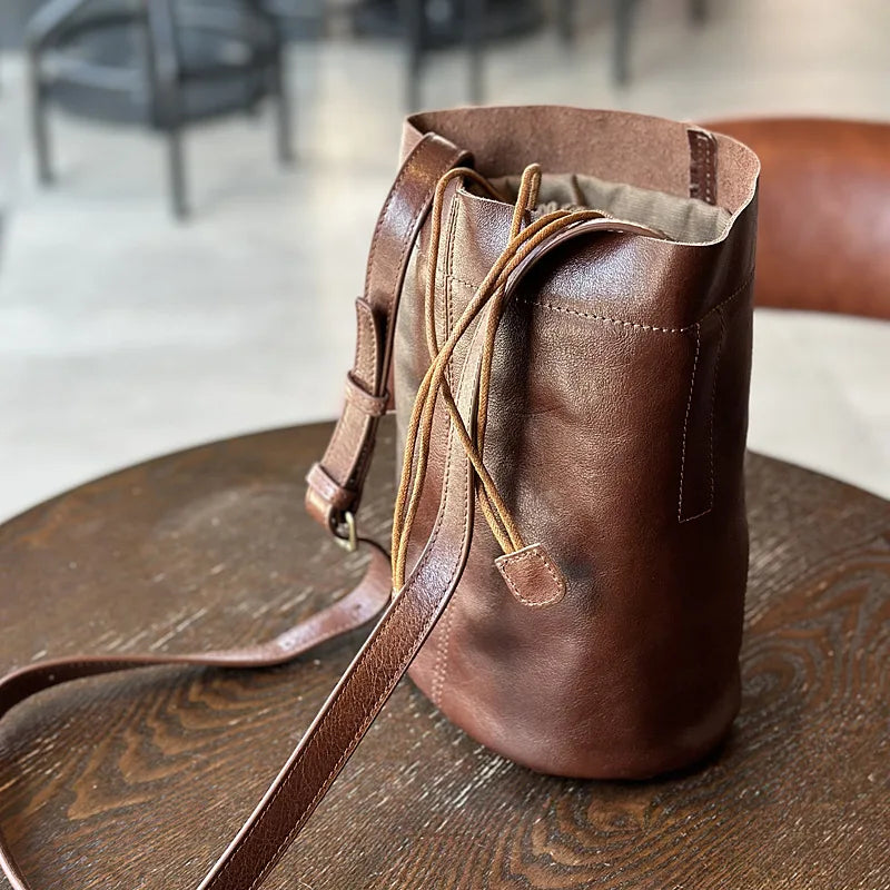 2024 New Genuine Leather Drawstring Bucket Bag Vintage Elegant High Quality Crossbody Shoulder Handbags Solid Casual Bolsas