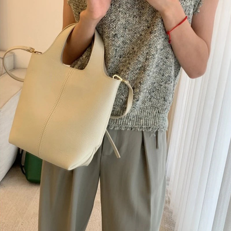 2024 New Minority Lychee Grain Cowhide Handbags Genuine Leather Bucket Tote Bags Large Capacity Commuter Crossbody Shoulder Bag
