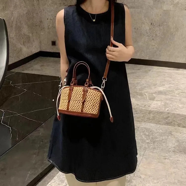 2024 New Summer Grass Woven Vegetable Basket Handbag, Cowhide Small Bag, Retro Commuter Handheld Crossbody Bag,