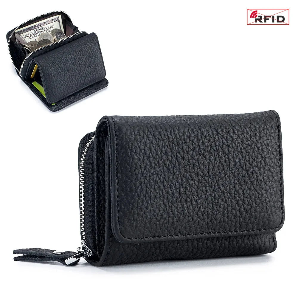 2024 New Women's Mini Coin RFID Blocking Trifold Button Short Purse Ladies Genuine Leather Card Holder Wallet