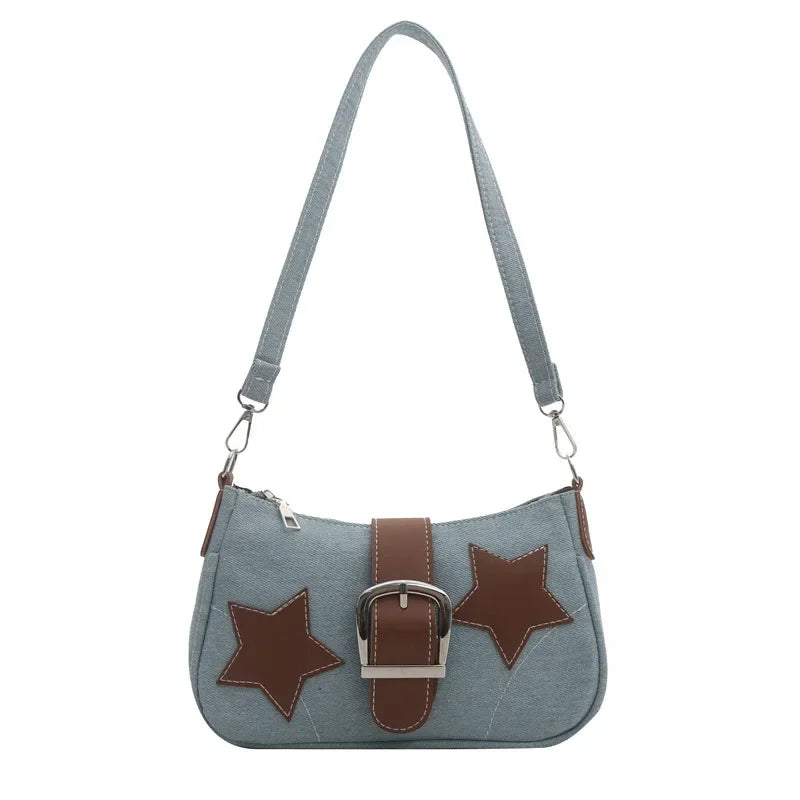 2024 Trendy Personalized Denim Star Chain Belt Buckle Shoulder Bag Women's Bag Designer Bags Luxury Purse Canvas Bag