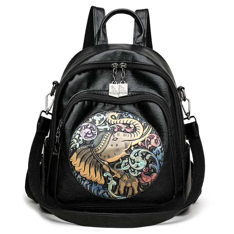 2024 Women New Animal Embroidery Soft Leather Backpack High Quality Multi functional Bag School Student Large Capacity Book Bags