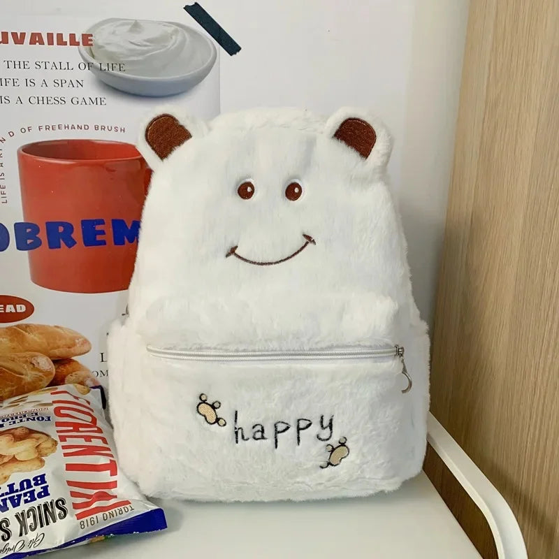 2024Women's Shoulders New Furry Warm Female Cute Middle School Bag Embroidery Plush Backpack Tide Large Capacity