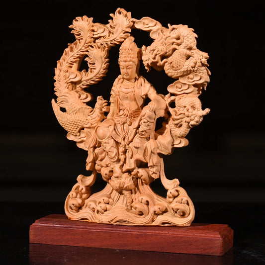 20CM Dragon Phoenix Goddess of Mercy Guanyin buddha statue Wood Double Sided Hollow handmade Home decor Gift boat decoration