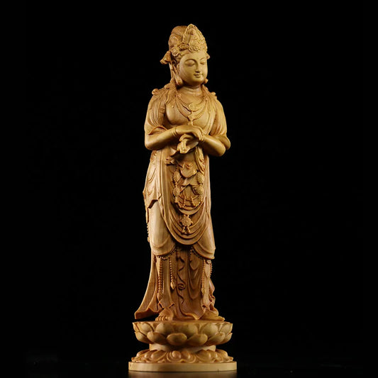 20CM Guanyin Bodhisattva Statue Traditional Craft Huangyang Wood Carving Craft Boutique BoguTang Dynasty Style Buddha Decoration