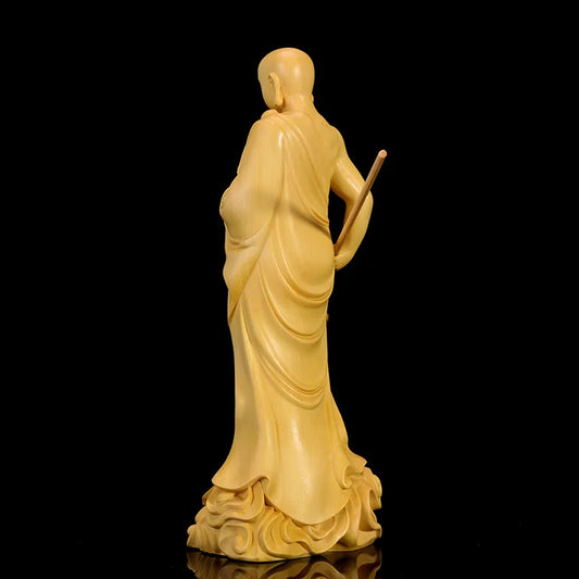 20CM Ksitigarbha Sculpture Boxwood Carvings House Ornaments Solid Wood Buddha Statue Crafts Dizang Wang Bodhisattva Home Decor