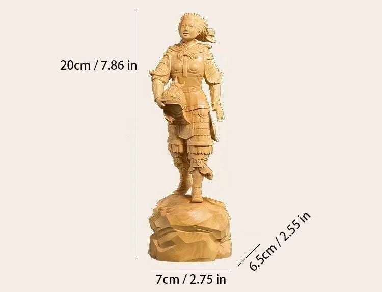 20cm Boxwood Historical Female Hero Hua Mu Lan Solid Wood Statue Traditional Figures Hand-carved Home Decor