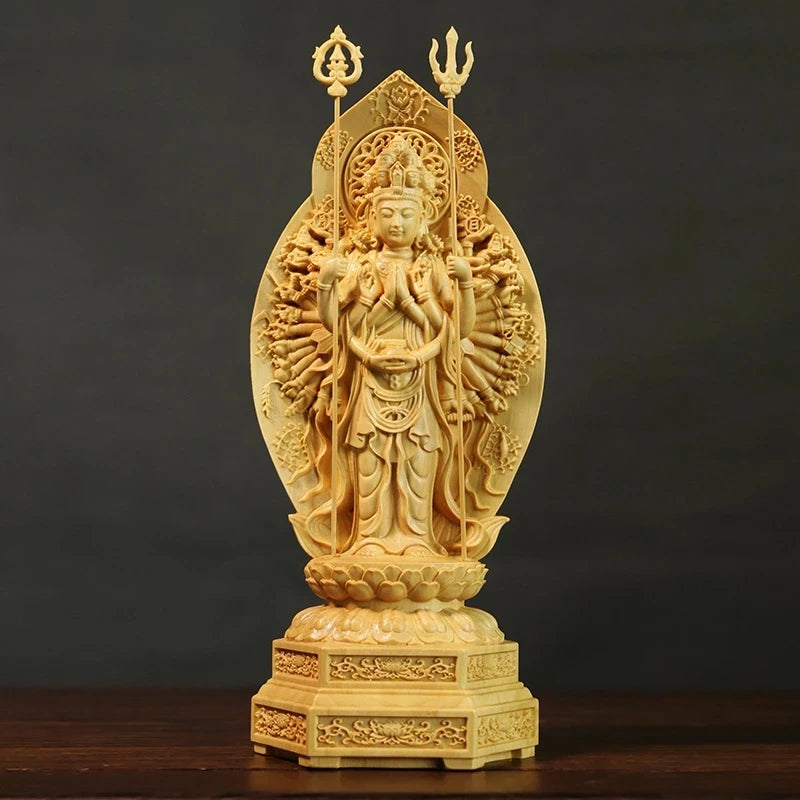 20cm Guanyin Writing Buddha Statue Thousand Arms Home Wood Carving Feng Shui Carving Madonna Ornaments