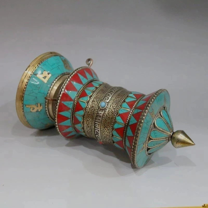 20cm */Old Tibet and Nepal, gilt bronze inlaid turquoise rotating the scriptures metal handicraft