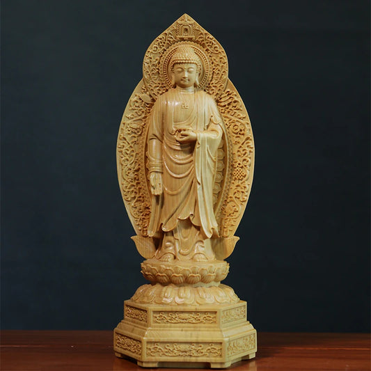 20cm Three Buddha Boxwood Statue Hall Consecrate Amitabha Guanyin Western Bodhisattva Decoration Buddha Sculpture