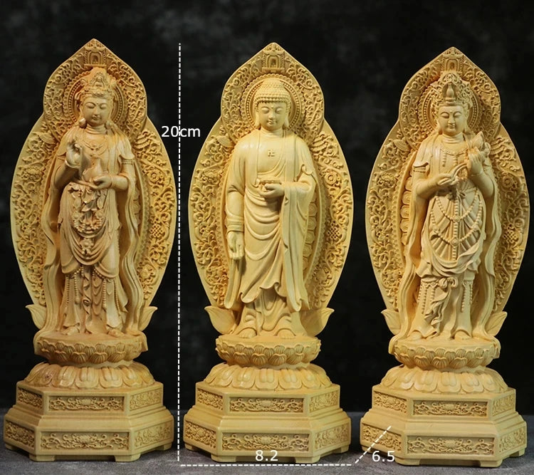 20cm Wood Carved Buddha Statue, Buddhist Decoration, Amitabha, Guanyin, Bodhisattva, Western Trinity, Feng Shui