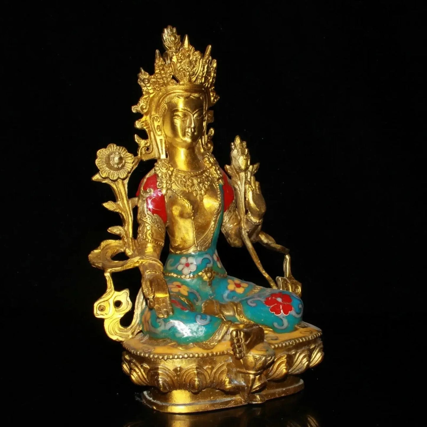 21CM Chinese Cloisonne Copper Kwan-yin Guanyin Statue Old Brass Statue Offering Table Decoration