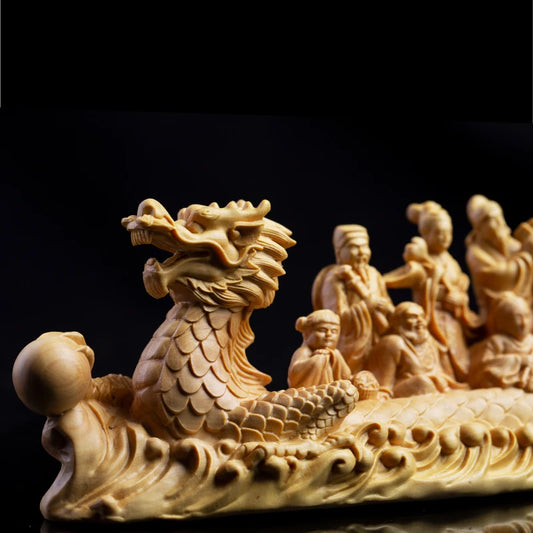 21cm Eight Gods Boxwood Statue Chinese Feng Shui Eight Immortals Crossing Sea Sculpture Dragon Boat Collection Home Decor