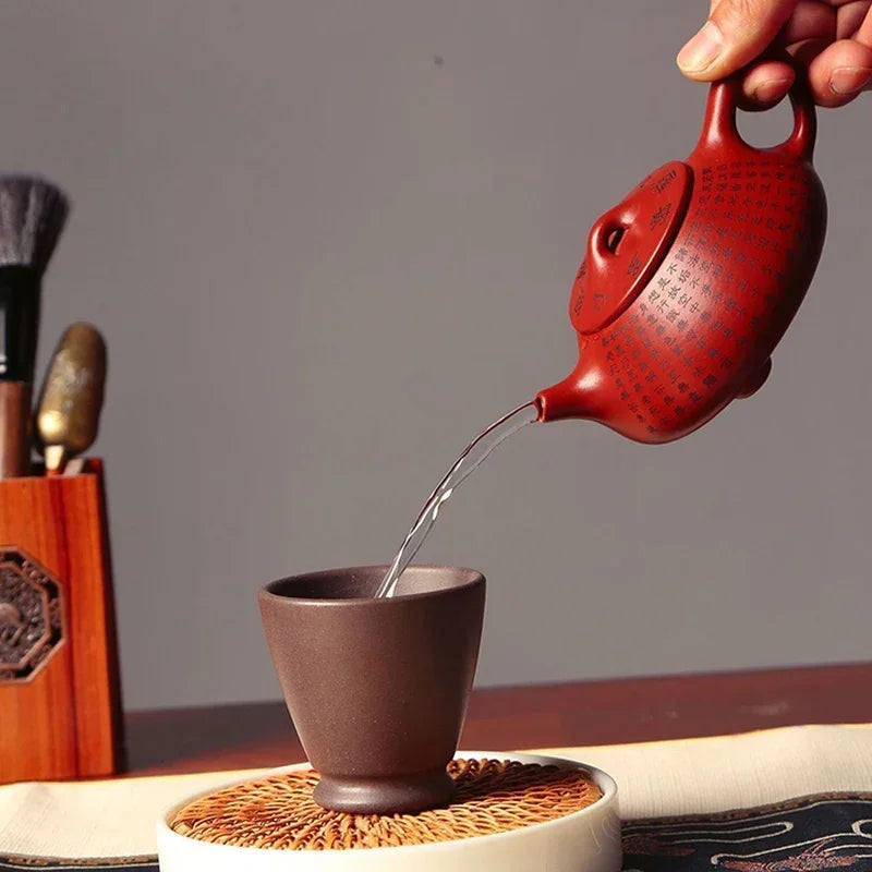 220ML Handcrafted Buddhist Scriptures Yixing Purple Clay Teapot Raw Ore Dahongpao Mud 14 Holes Filter Kettle Pu'er Oolong Teapot