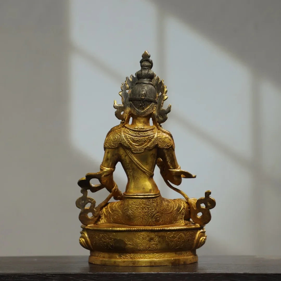 22cm Nepalese Tibetan Ornament Brass Gilded Manjushri Tara Bodhisattva Sitting Statue