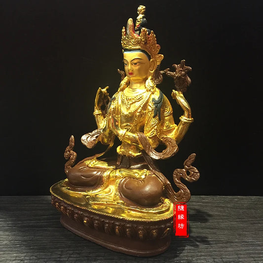 22cm--home family efficacious Protection Four-armed Avalokitesvara Bidhisattva brass Guanyin Gold-plated Buddha statue